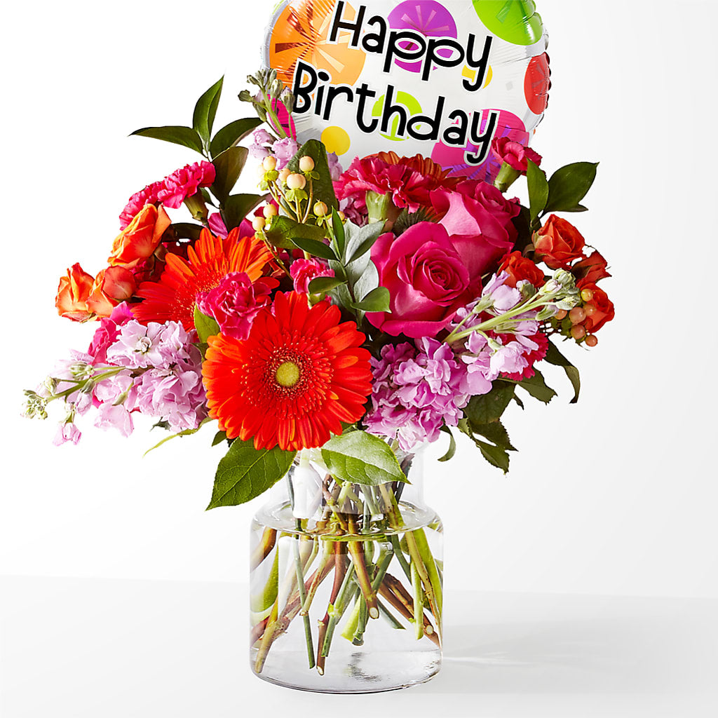 Fiesta Bouquet with Birthday Balloon – Heartfield Florist, Huntsville TX