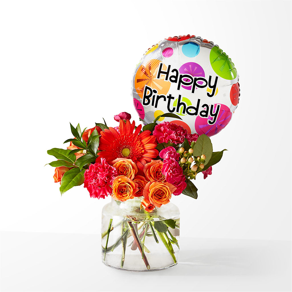 Fiesta Bouquet with Birthday Balloon – Heartfield Florist, Huntsville TX