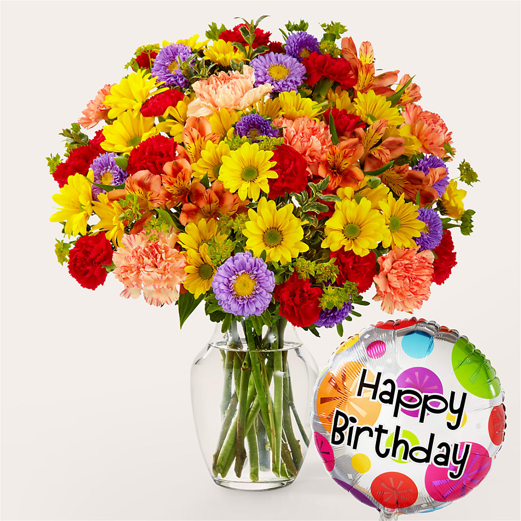Kaleidoscope Bouquet with Birthday Balloon – Heartfield Florist, Huntsville TX