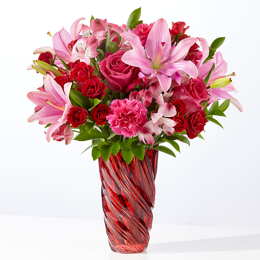In Love Bouquet with Luxe Swirl Vase – Heartfield Florist, Huntsville TX