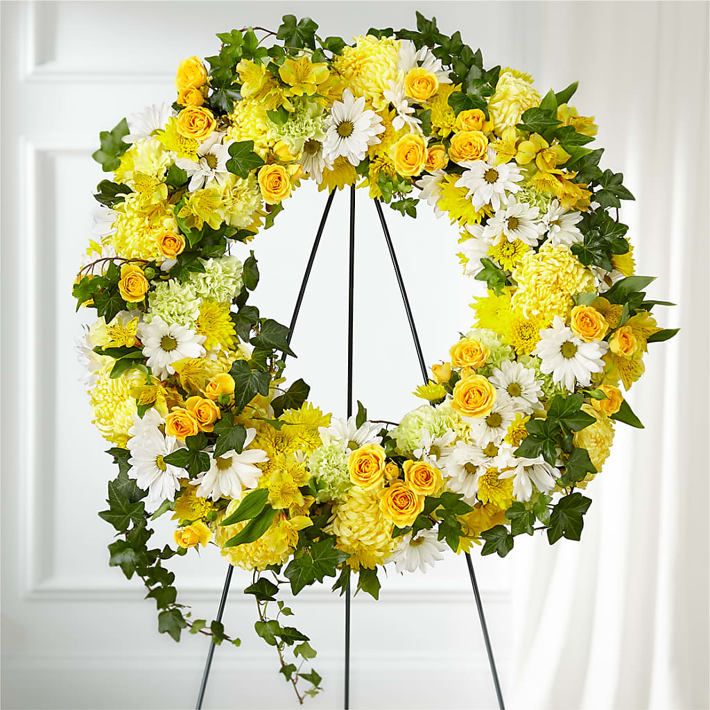 Golden Remembrance Wreath – Heartfield Florist, Huntsville TX