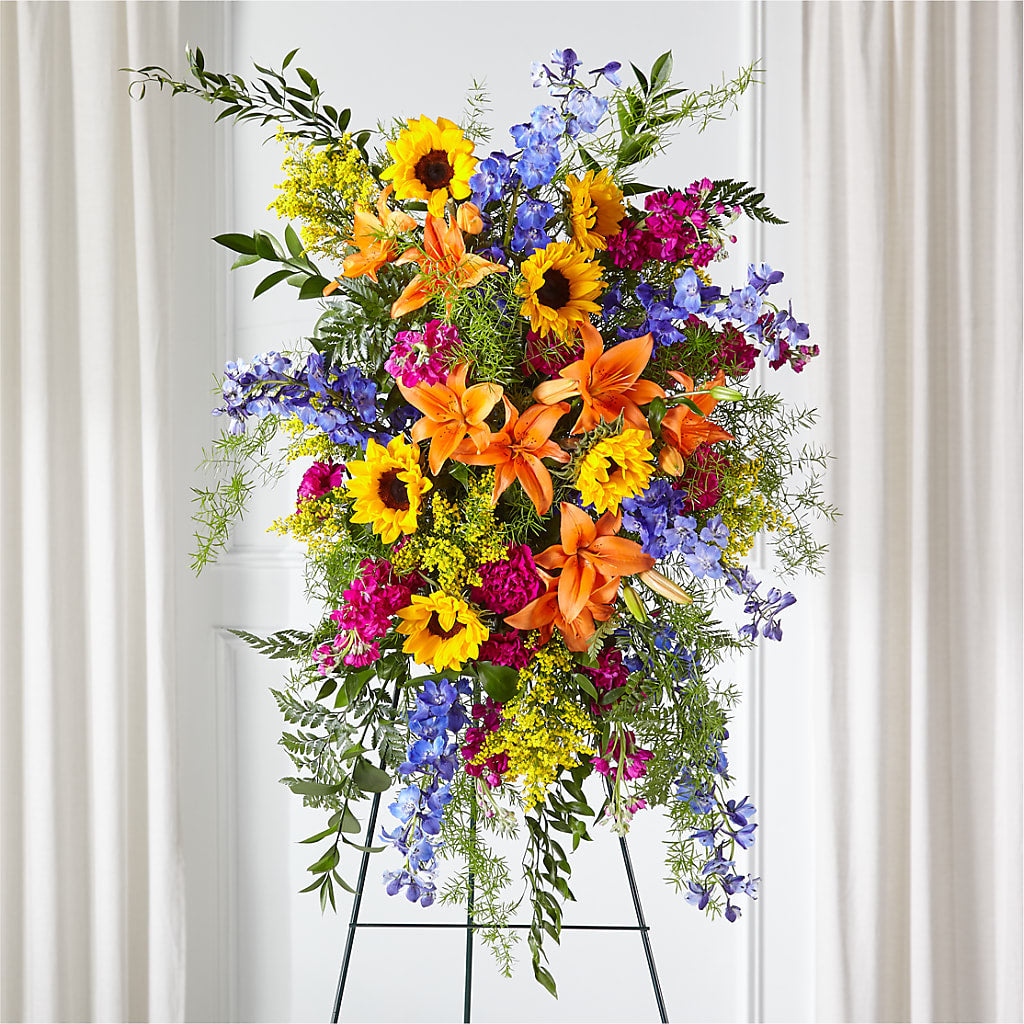 Sunlit Memories Standing Spray (Standard) – Heartfield Florist, Huntsville TX