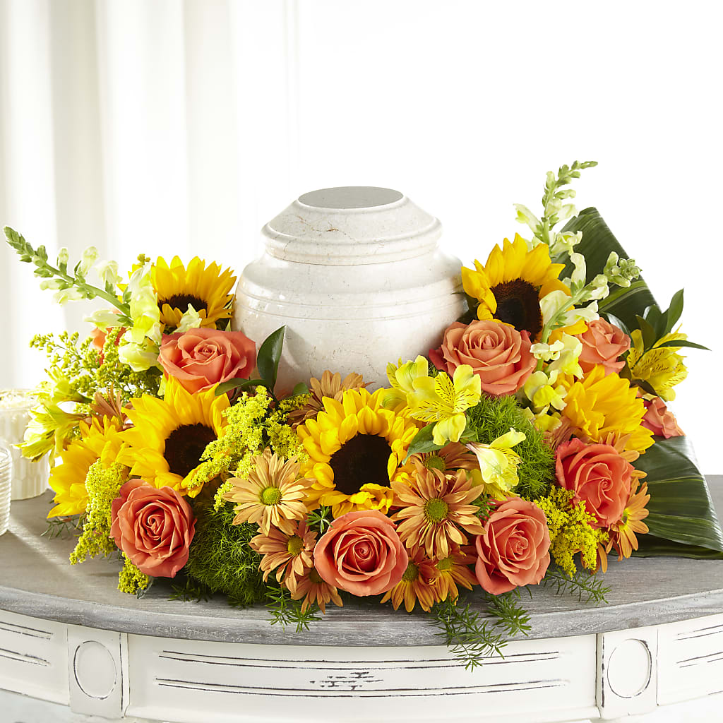 Faithful Sunflower Cremation Adornment – Heartfield Florist, Huntsville TX