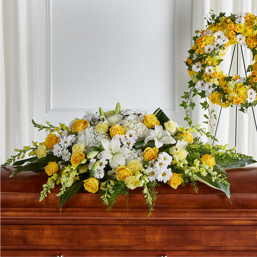 Golden Harmony Casket Spray – Heartfield Florist, Huntsville TX