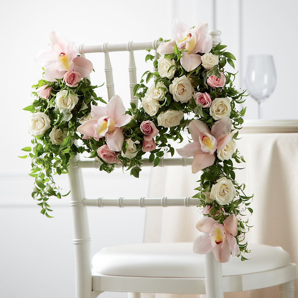 Orchid Rose Chair Décor – Heartfield Florist, Huntsville TX