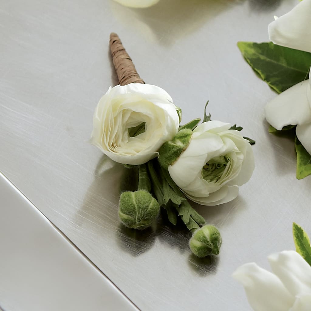 White Ranunculus Boutonniere – Heartfield Florist, Huntsville TX
