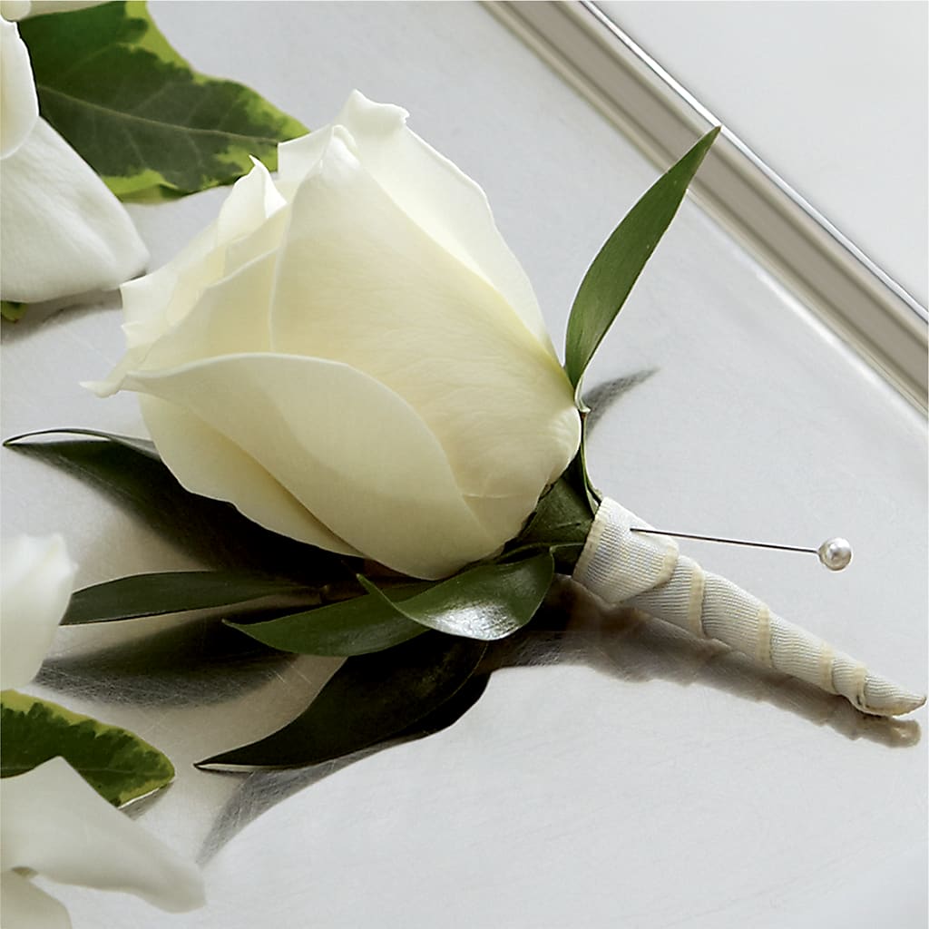 White Rose Boutonniere – Heartfield Florist, Huntsville TX