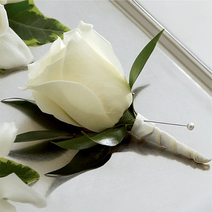 White Rose Boutonniere –  Heartfield Florist, Huntsville TX