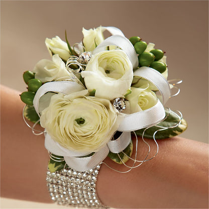 White Wedding Corsage –  Heartfield Florist, Huntsville TX